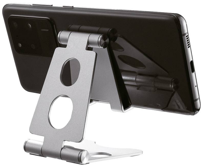 Smartphone in einer Halterung, seitlich gesehen. Die Halterung ist aus Metall und stabilisiert das Gerät, ermöglicht freihändiges Anschauen.