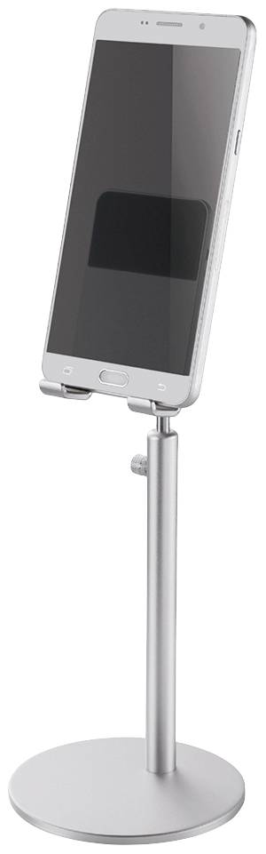 Ein silberner Handyhalter mit verstellbarem Ständer hält ein Smartphone aufrecht. Ideal für freihändige Nutzung auf Tischen.