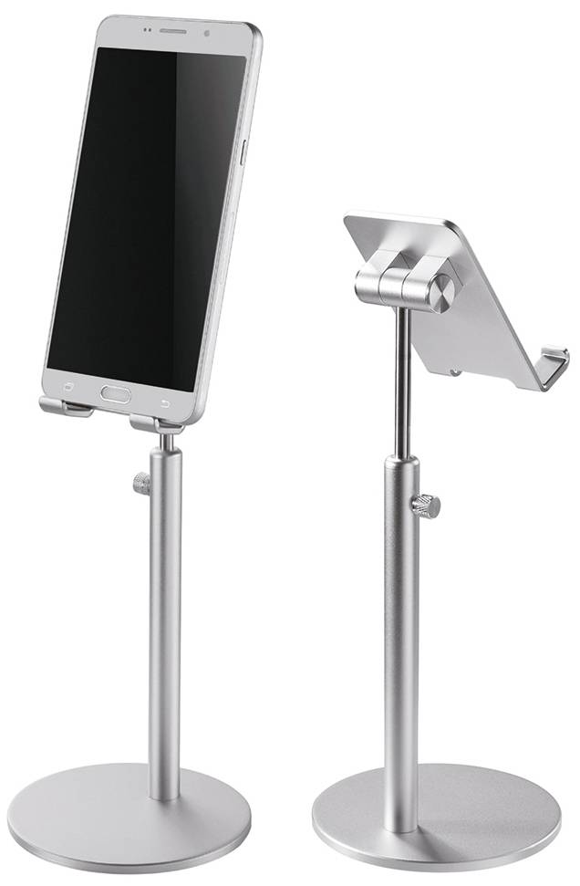 Zwei silberne Smartphone-Ständer, einer mit einem Smartphone darauf. Verstellbare Höhe und Neigung zur bequemen Betrachtung.