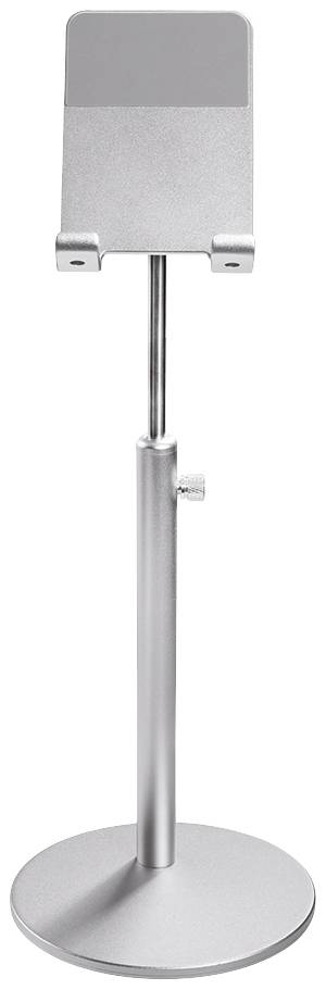 Ein verstellbarer, silberner Tablet-Ständer mit einem runden Sockel und Haltevorrichtung, geeignet für Präsentationen oder Displays.