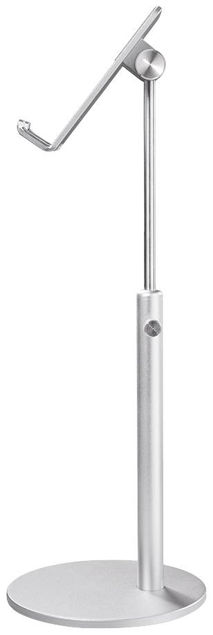 Ein silberner, höhenverstellbarer Tablet- oder Smartphone-Ständer mit rundem Sockel und abgewinkelter Halterung für Geräte.