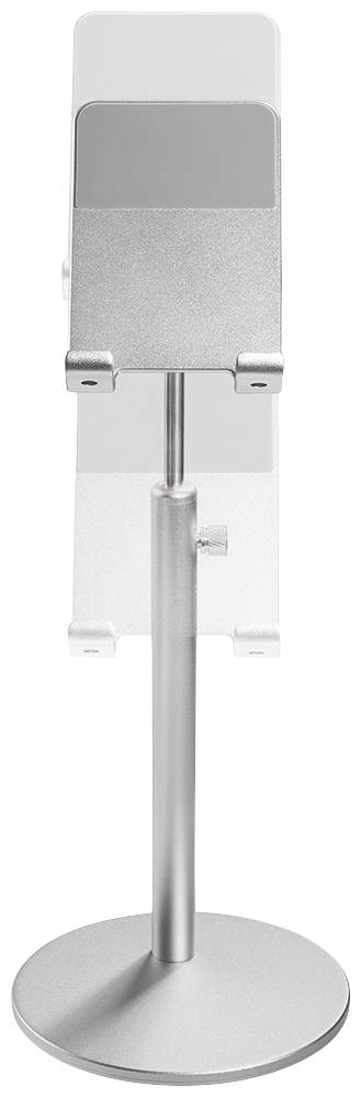 Metallener Ständer mit Halterung, geeignet für Tablets oder Bildschirme, auf einer runden Basis montiert.