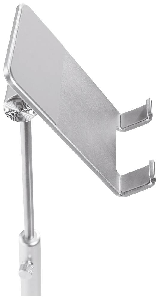 Ein silberner, verstellbarer Ständer für Tablets oder Smartphones, schwenkbar und mit zwei Haken zur sicheren Geräteaufnahme.