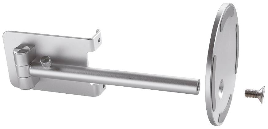 Silberne Wandhalterung mit rundem Teller und Schraube, zur Montage von Geräten oder Bildschirmen.