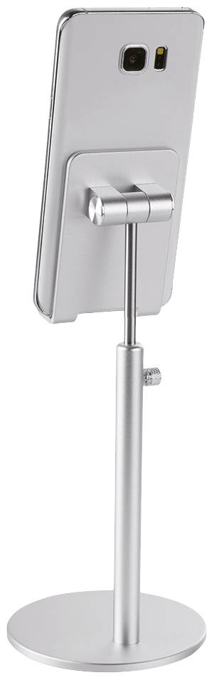 Ein silberner Smartphone-Ständer mit einem befestigten Smartphone, das im Hochformat steht. Ideal für freihändige Nutzung.