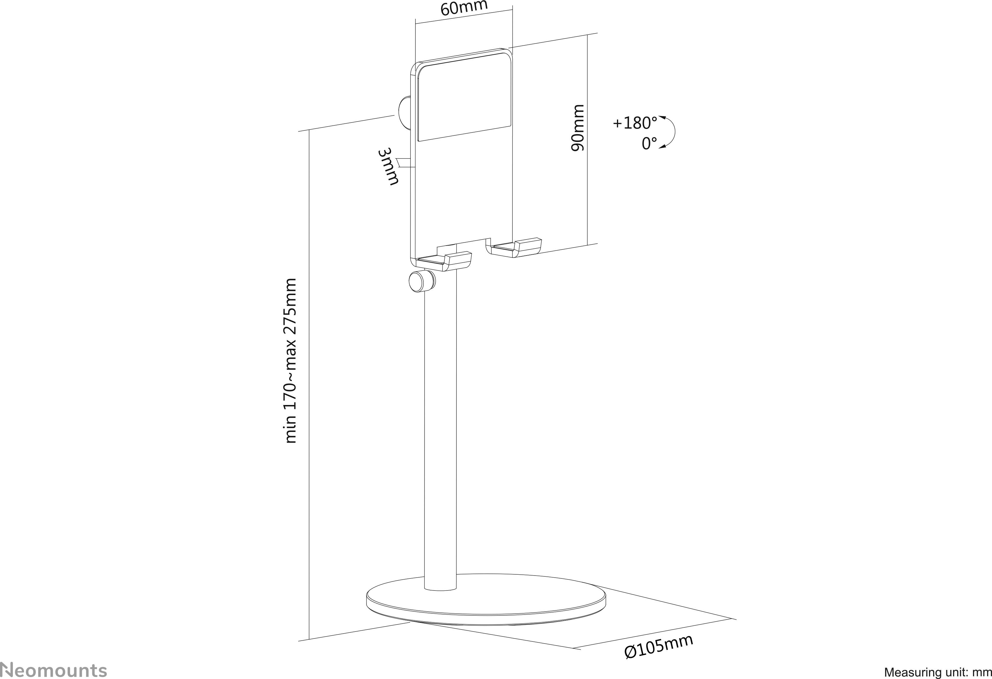 Technische Zeichnung eines höhenverstellbaren Tablet-Halters. Maße: Höhe 170–275 mm, Breite 60 mm, Gesamtbreite 105 mm.