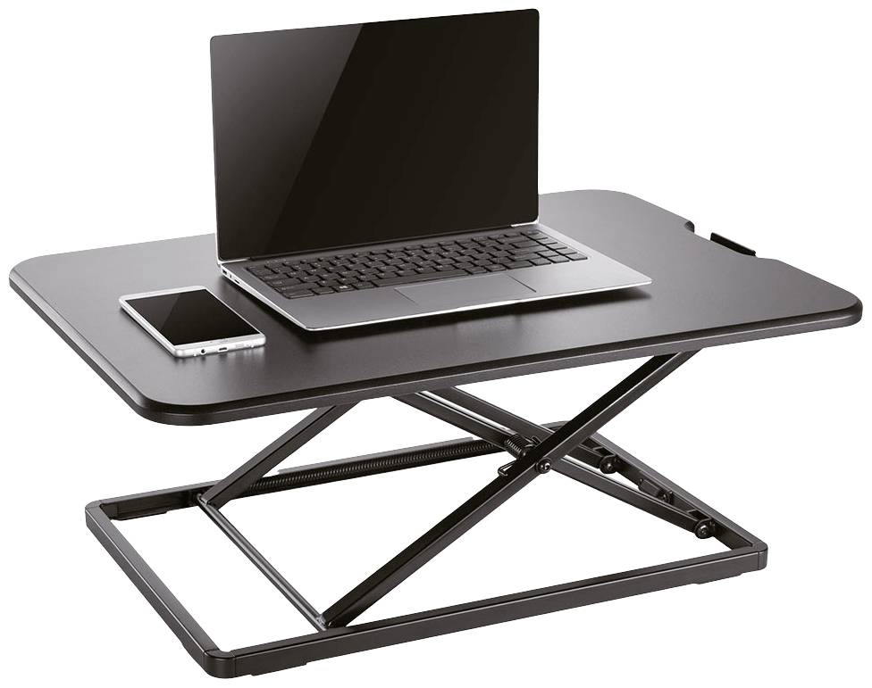 Laptop und Smartphone auf höhenverstellbarem Schreibtischaufsatz. Der Aufsatz steht in niedriger Position, geeignet für ergonomisches Arbeiten.