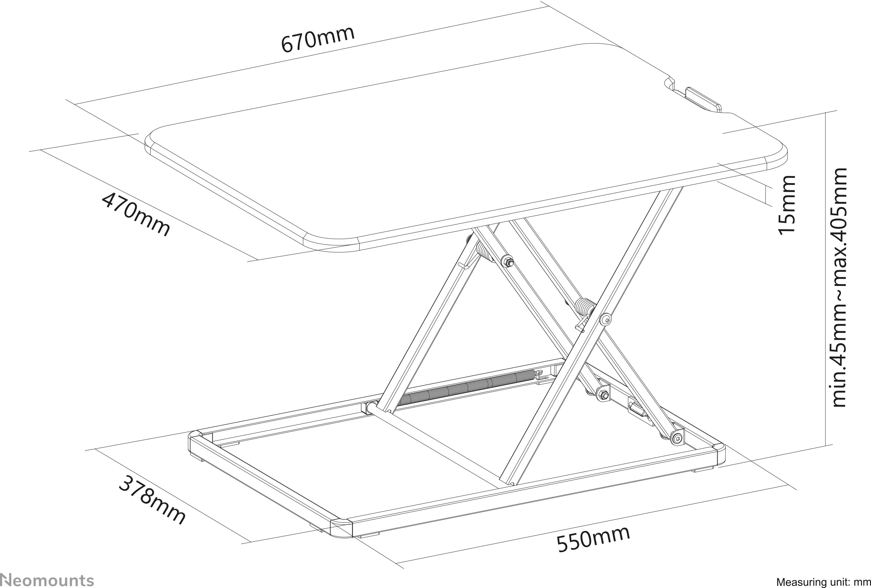 Technische Zeichnung eines höhenverstellbaren Tisches mit Maßen: Breite 670mm, Tiefe 470mm, minimale Höhe 45mm, maximale Höhe 405mm.