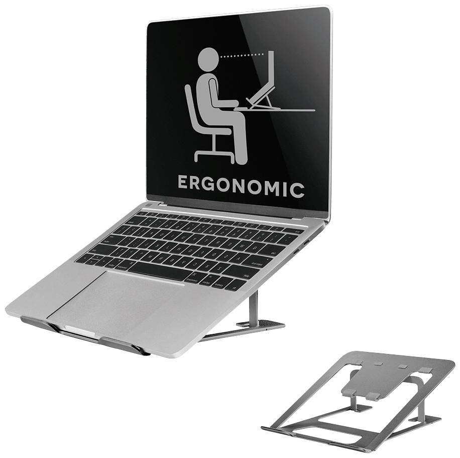 Laptop auf einem ergonomischen Ständer, der das Display auf Augenhöhe hebt. Daneben ein zusammengeklappter Ständer für einfachen Transport.