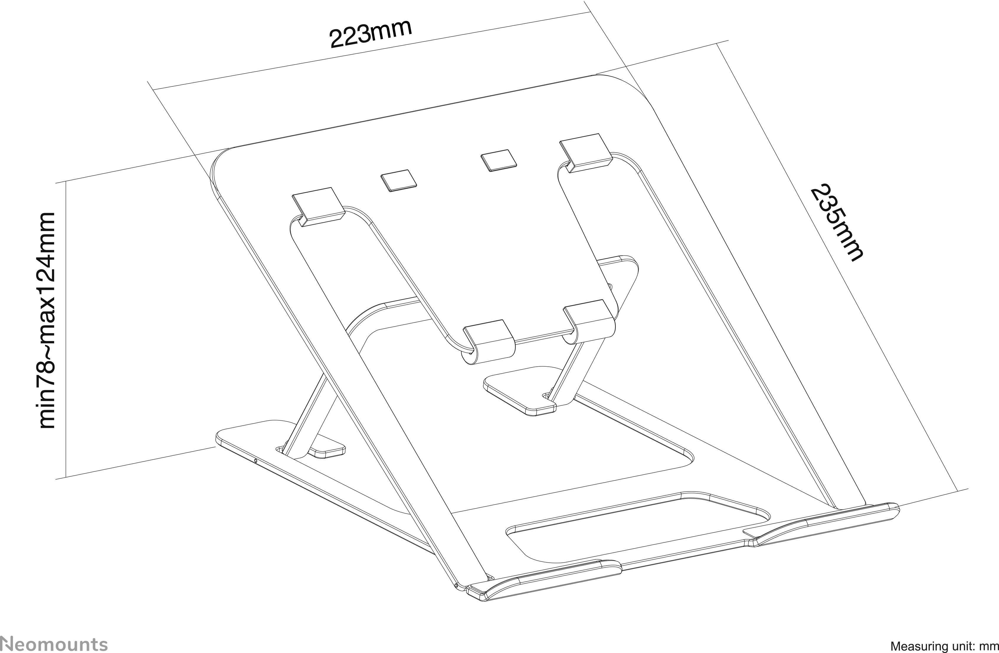 Technische Zeichnung eines Laptop-Ständers mit den Maßen: Breite 223 mm, Höhe 235 mm, einstellbare Mindesthöhe 78 mm bis Maximalhöhe 241 mm.