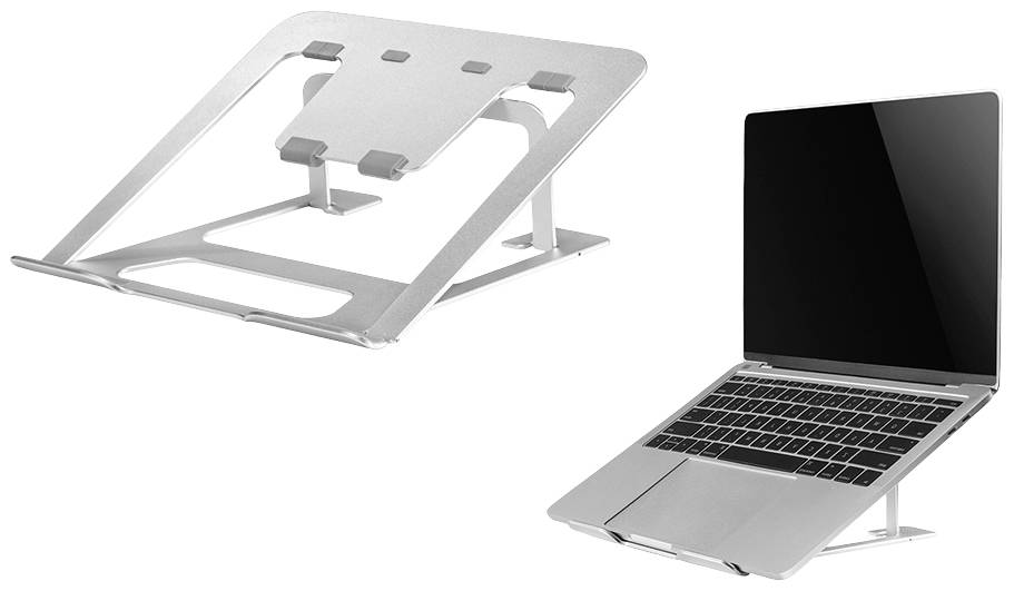'Laptop auf Aluminiumständer' zeigt linken Ständer ohne Laptop und rechten Laptop auf Ständer, erhöht für bessere Sichtbarkeit und Ergonomie.