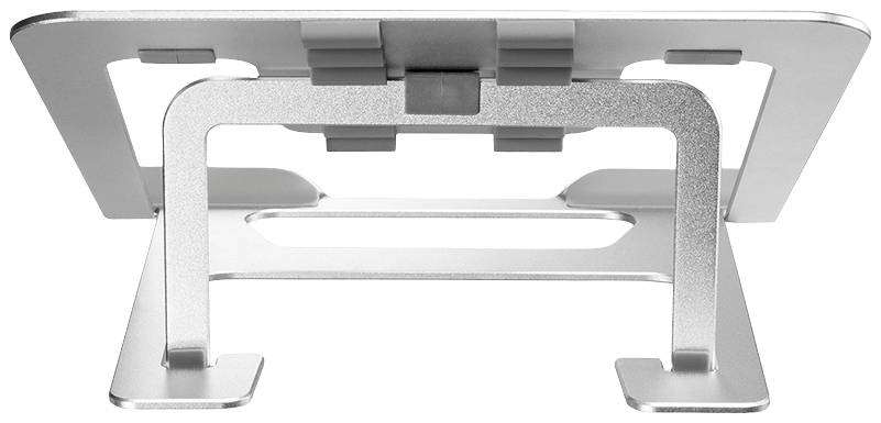 Ein silberner Laptopständer aus Metall, seitlich betrachtet. Der Ständer hat eine stabile Basis und dient zur ergonomischen Platzierung von Laptops.