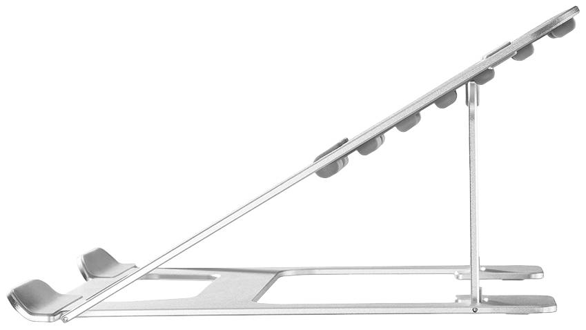 Laptop-Ständer aus Metall mit verstellbarem Winkel. Seitenansicht zeigt schlankes, modernes Design mit rutschfesten Pads für Stabilität.