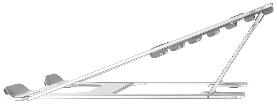 Laptopständer aus Aluminium, seitliche Ansicht, zeigt verstellbaren Winkel und rutschfeste Gummipads zur Stabilität und Lüftung.