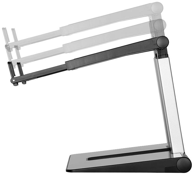 Ergonomischer Monitorarm mit einstellbarer Höhe und Neigung, zeigt Bewegungsreichweite. Ideal zur Optimierung des Arbeitsplatzes.