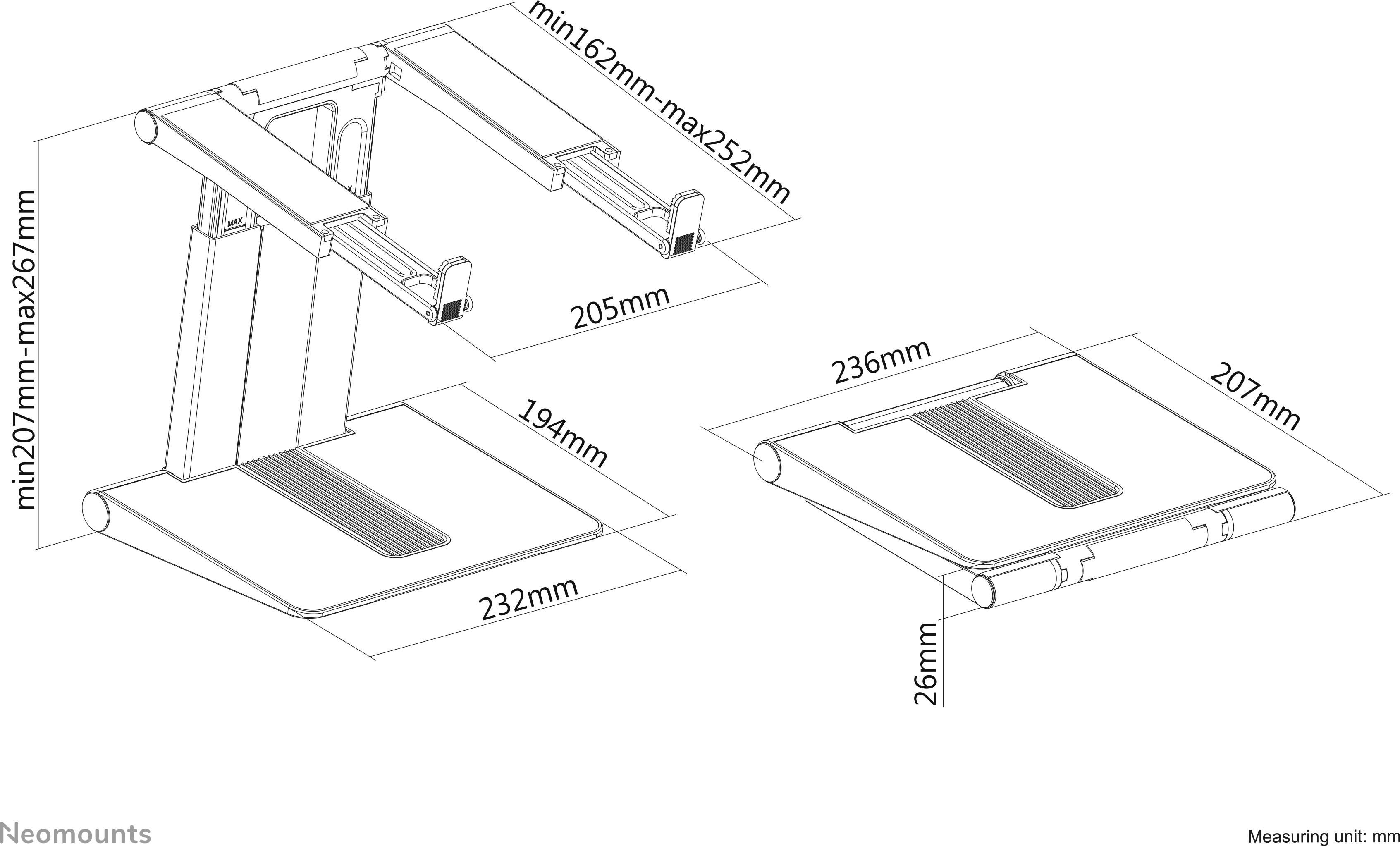 Technische Zeichnung eines höhenverstellbaren Ständers mit Abmessungen: Breite 236 mm, Höhe 26 mm, variable Tiefe 167-232 mm.
