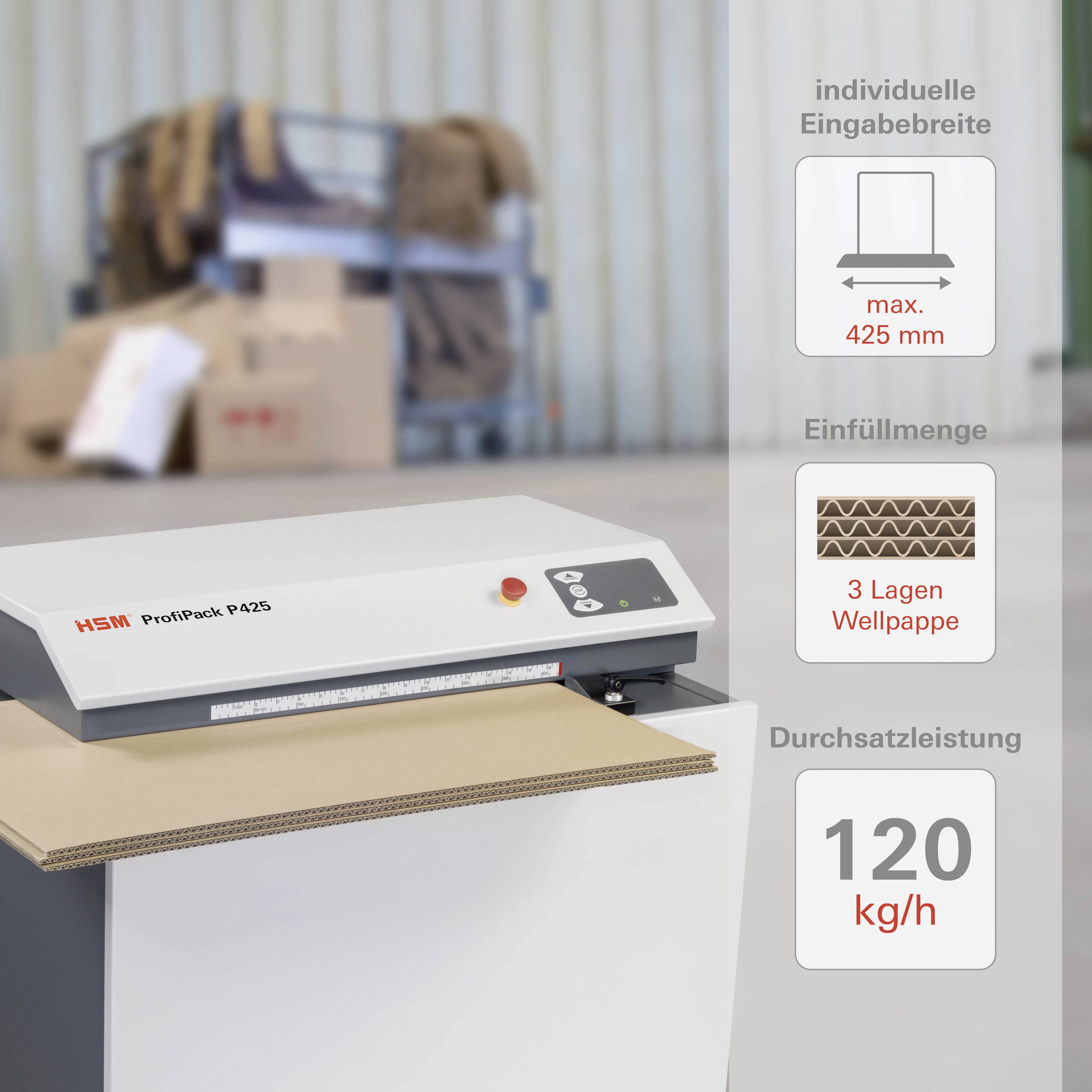 Eine Maschine mit der Aufschrift 'HSM ProfiPack P425' ist in Betrieb. Rechts daneben stehen Spezifikationen: max. Breite 425 mm, 3-lagige Wellpappe, 120 kg/h.