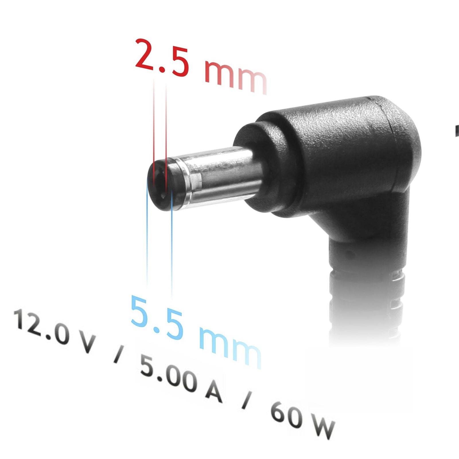 Nahaufnahme eines DC-Steckers mit den Abmessungen 2,5 mm innen und 5,5 mm außen. Beschriftet: 12,0 V, 5,00 A, 60 W.