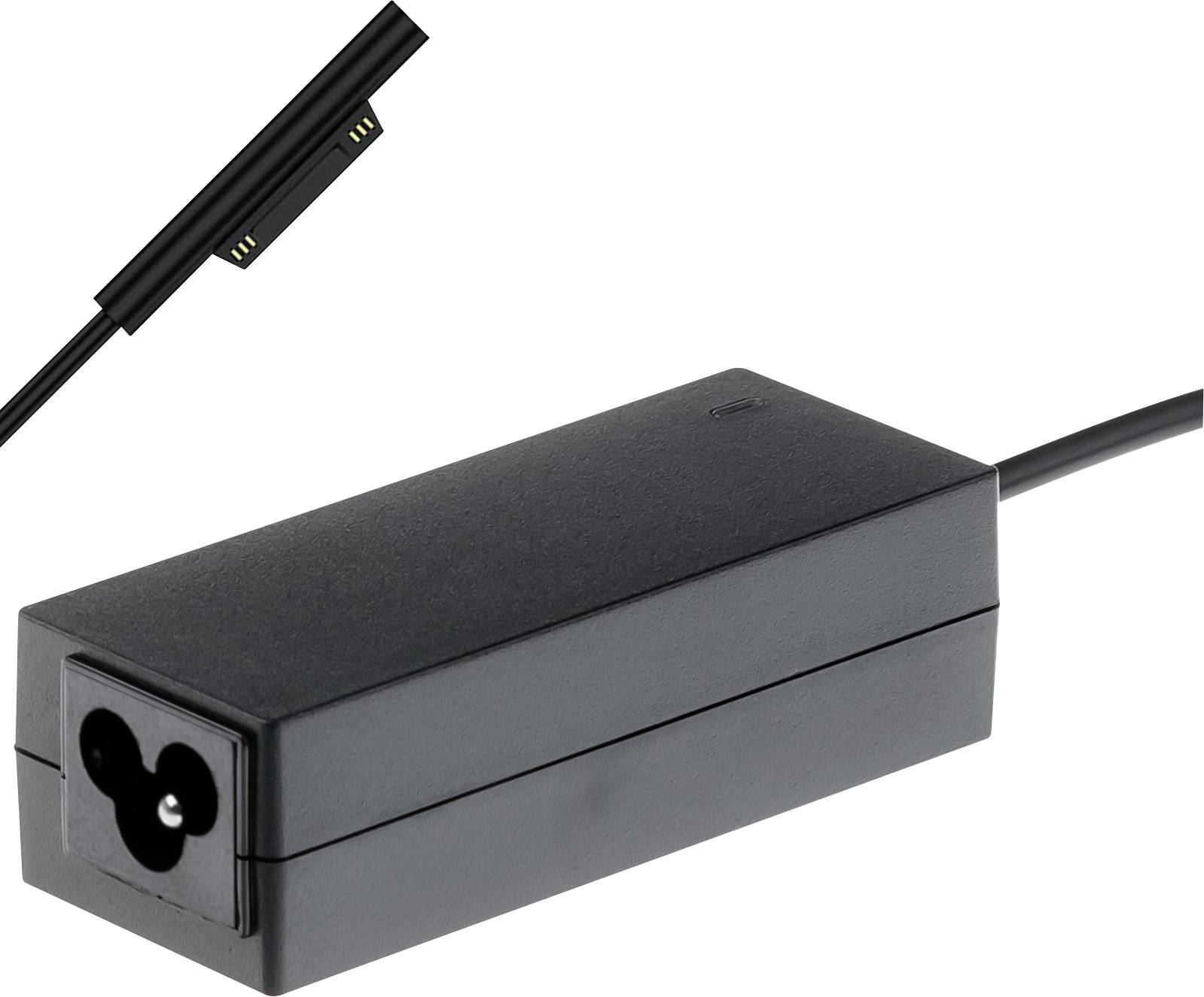 Schwarzes Laptop-Netzteil mit abnehmbaren Kabel. Links oben: Nahaufnahme des Anschlusssteckers.