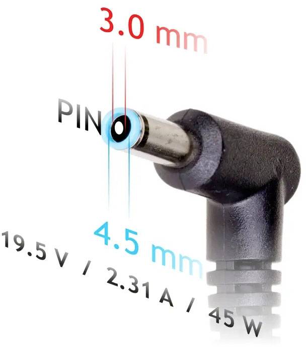 Steckernetzteil mit Maßen gekennzeichnet: 3,0 mm außen, 4,5 mm innen, PIN in der Mitte. Details: 19,5 V, 2,31 A, 45 W.