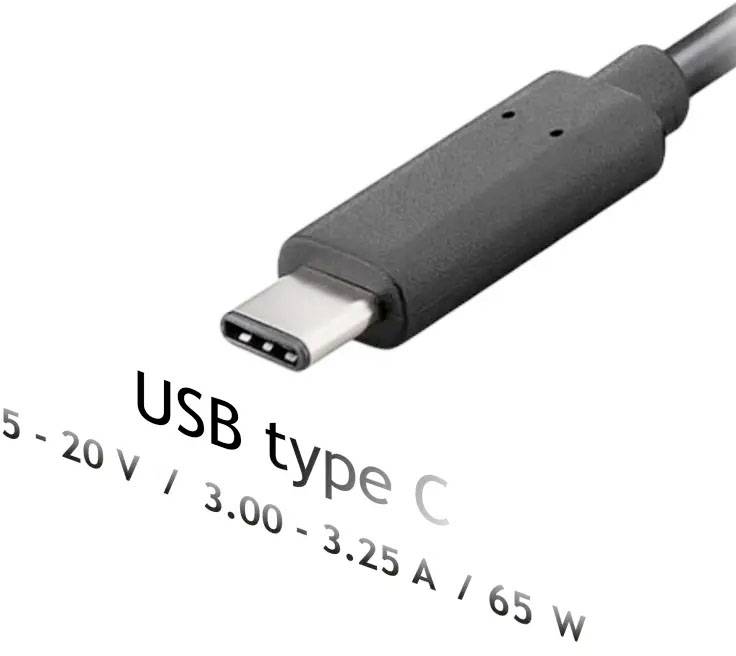 Schwarzes USB-C-Kabel, daneben Text mit Spezifikationen: '5 - 20 V / 3,00 - 3,25 A / 65 W'.