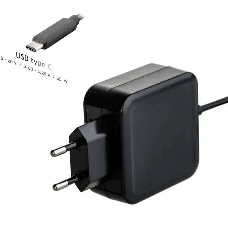 USB-C-Ladegerät mit Netzstecker und Kabel. Text: 'USB Type C, 5-20 V, 3-3,25 A, 65 W'.