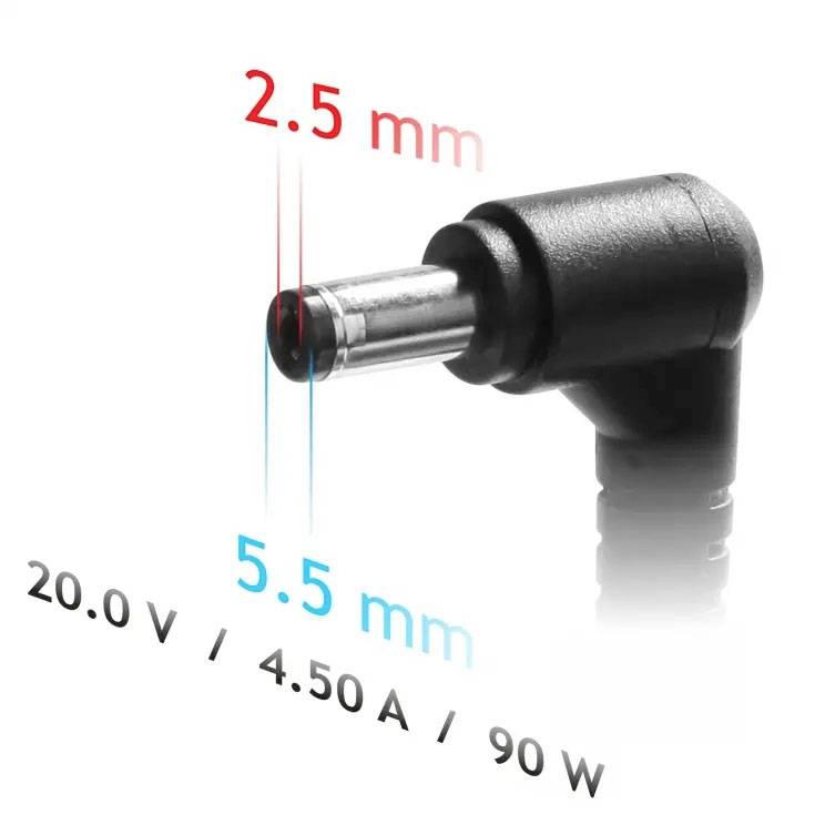 Ein DC-Stecker mit den Maßen 2,5 mm innen und 5,5 mm außen ist dargestellt. Spannungsangaben: 20,0 V, 4,50 A, 90 W.