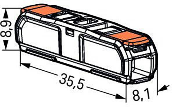 Schwarz-weiß Skizze eines rechteckigen Gegenstands, vermutlich ein technisches Bauteil, mit den Maßen 35,5 cm Länge und 8,1 cm Breite.