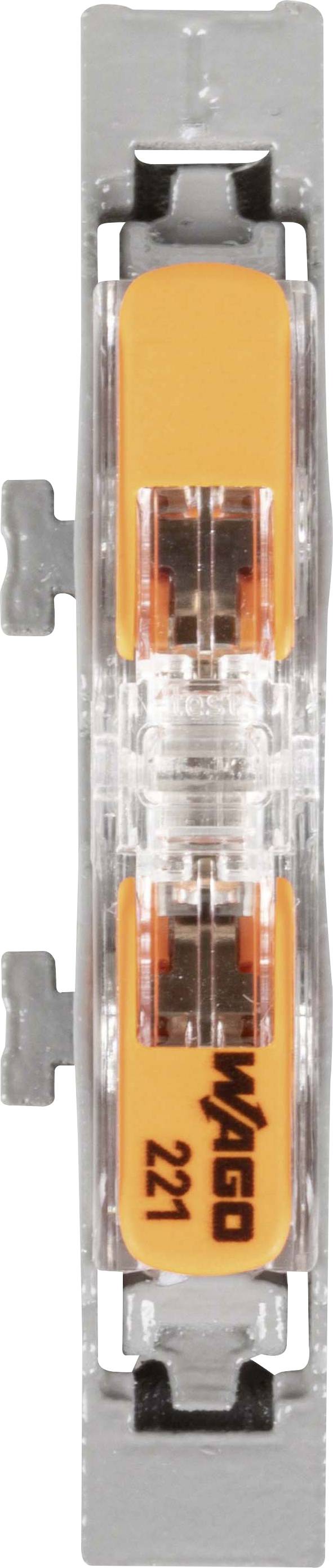 Ein transparenter, rechteckiger Elektroklemme mit orangenen Hebeln, an beiden Seiten gesichert, für sichere Kabelverbindung.