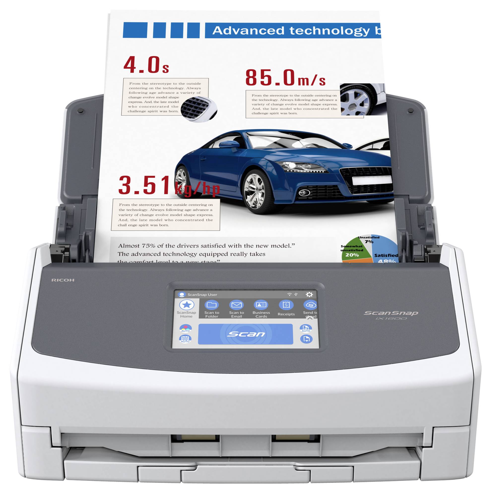 Ein Desktop-Scanner mit einem Prospekt eines Autos, der gescannt wird. Der Prospekt hebt fortschrittliche Technologie und Merkmale wie Geschwindigkeit und Motorleistung hervor.