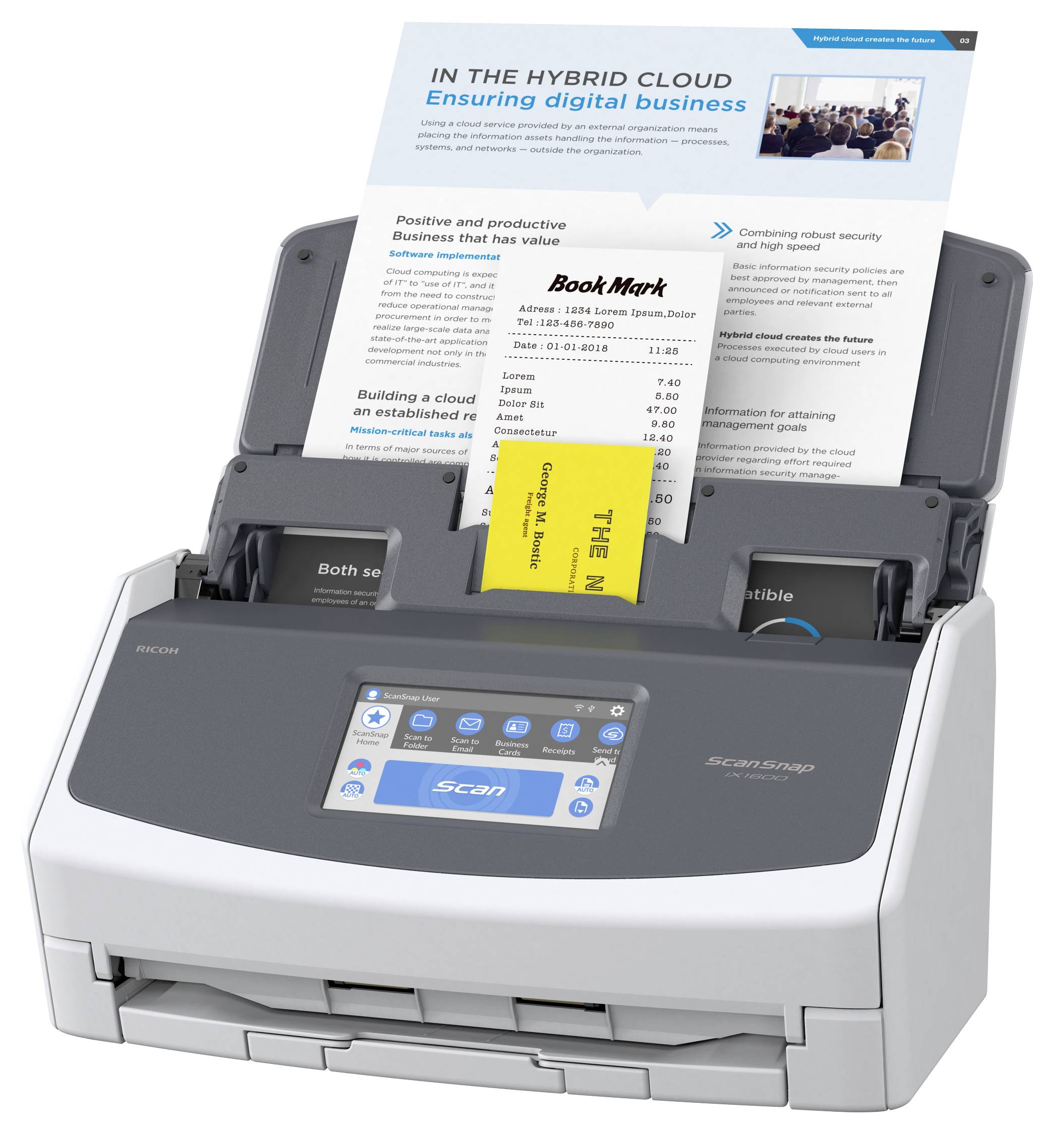 Ein Scanner, der mehrere Dokumente scannt, darunter eine Broschüre mit dem Titel „IM HYBRID CLOUD