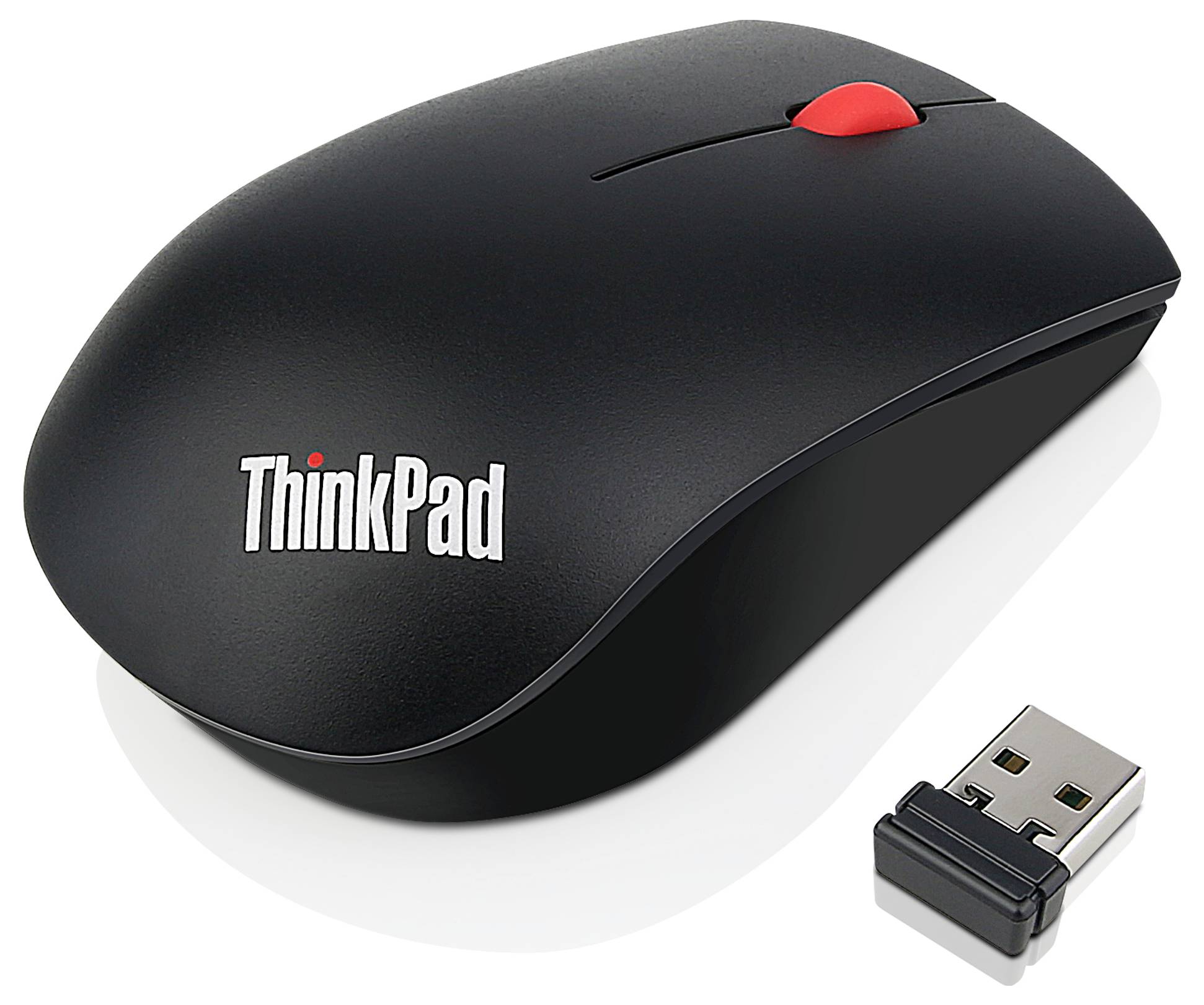Schwarze ThinkPad-Wireless-Maus mit rotem Scrollrad und USB-Empfänger-Dongle auf weißem Hintergrund.