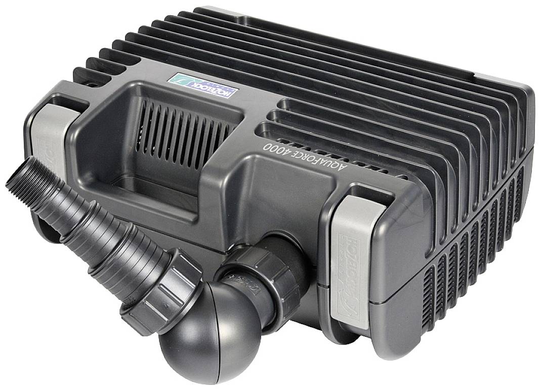 Eine schwarze Wasserpumpe mit Rillenstruktur und einem seitlichen Anschlussstutzen. Geeignet für Teich- oder Aquariumsysteme.