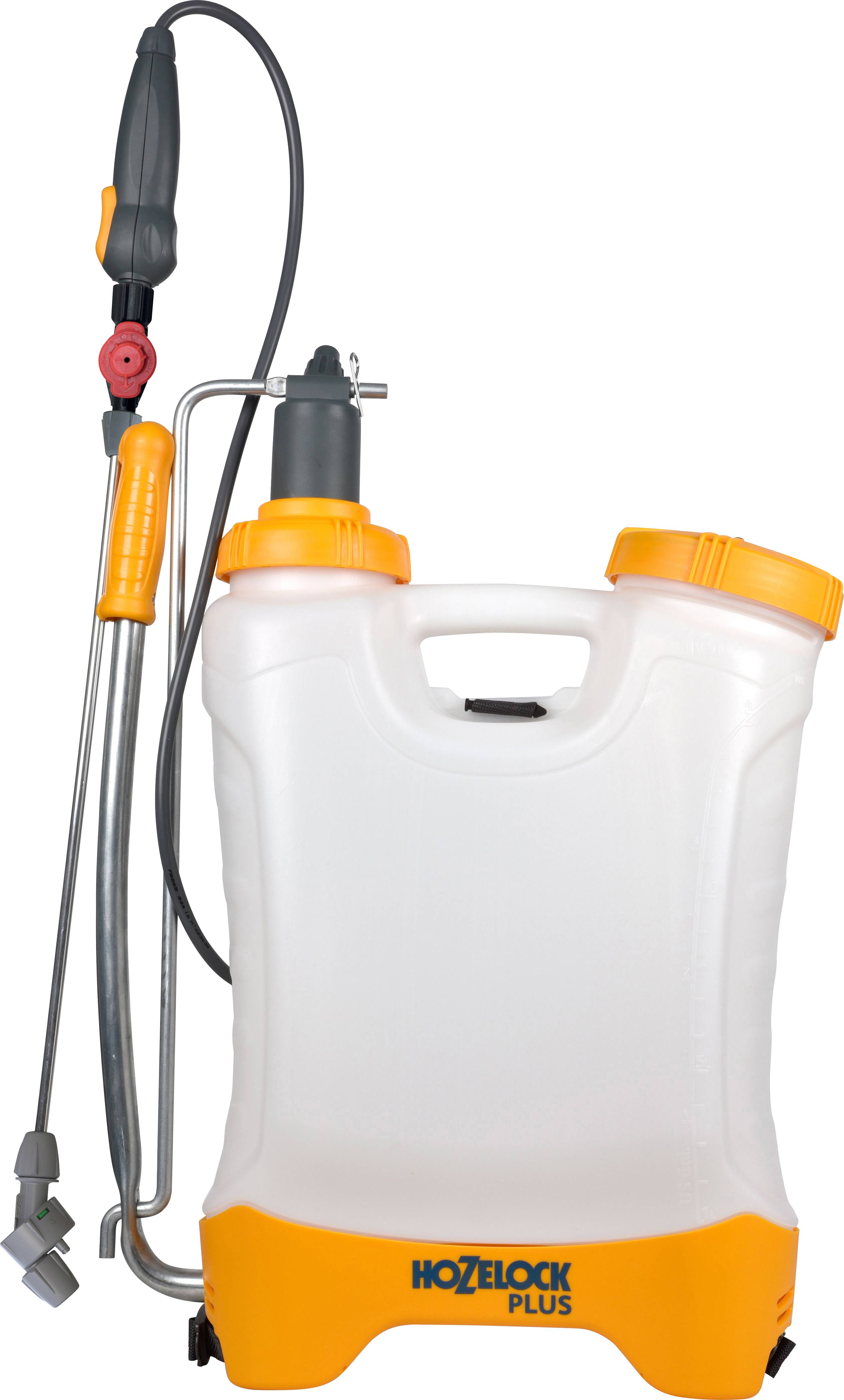 Ein spritzfähiger Drucksprüher mit Schläuchen und Griff, ideal für Gartenarbeiten, mit der Aufschrift 'Hozelock Plus' auf der Vorderseite.