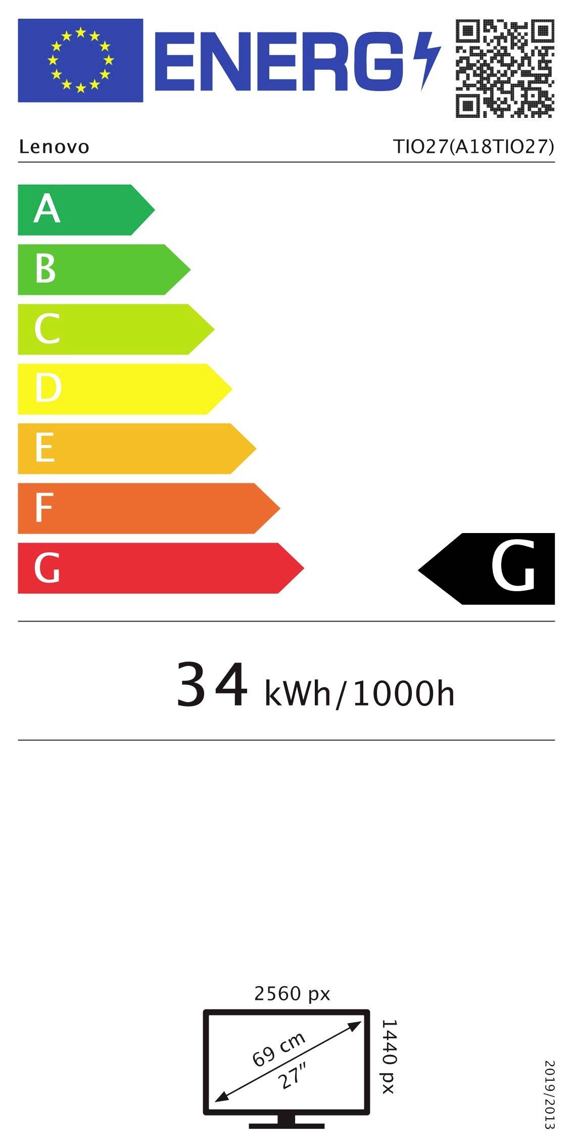 Energieetikett für Lenovo 27-Zoll-Monitor, Energieeffizienzklasse G, Verbrauch: 34 kWh/1000h, Maße: 69 cm, Auflösung: 2560 px.