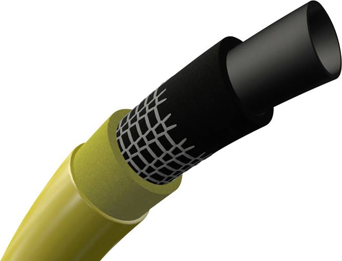 Ein gelbes Kabel mit schwarzer Isolierung und zusätzlicher Schicht zur Verstärkung, teilweise abgeschnitten, um die Struktur zu zeigen.