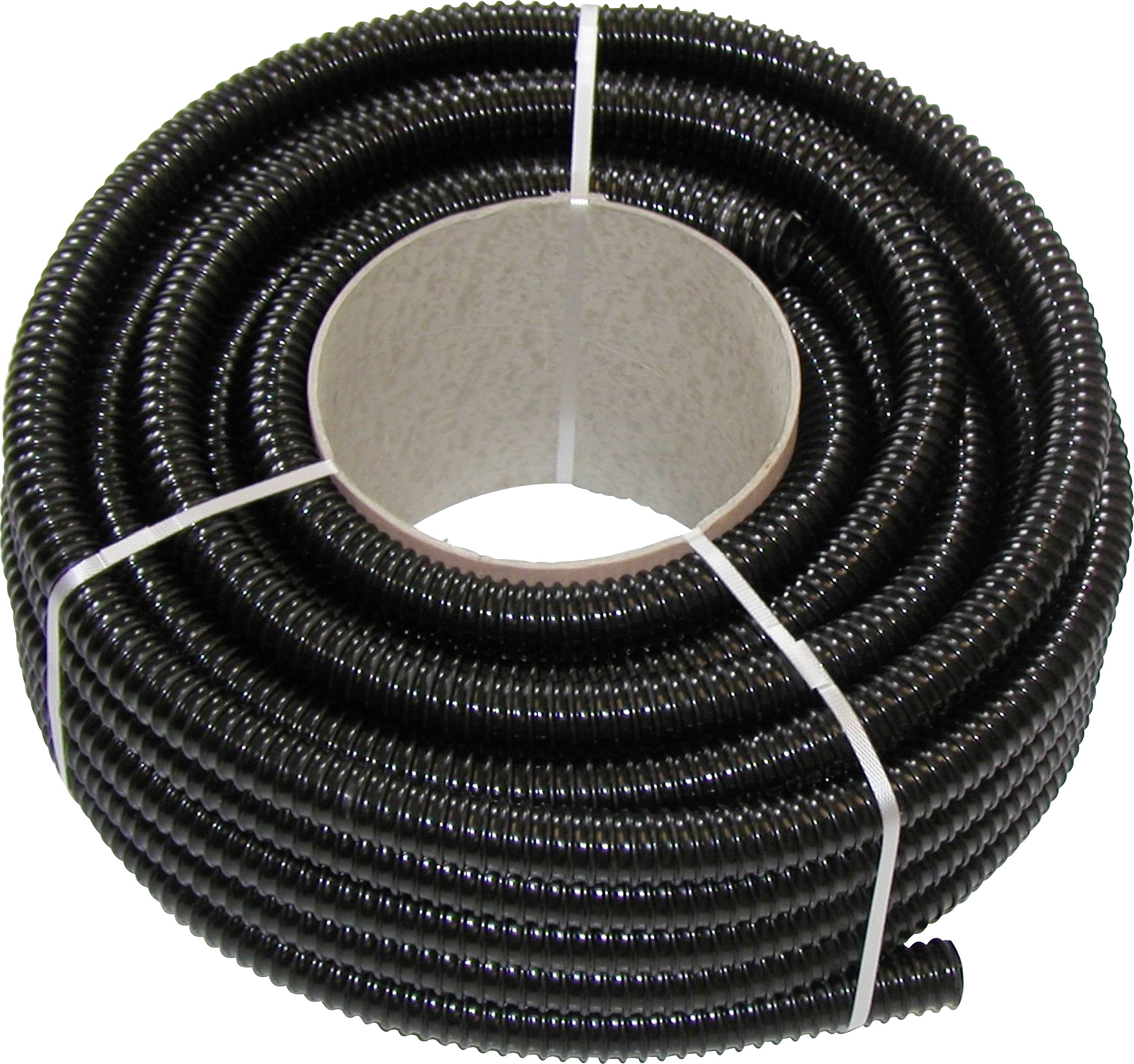 Eine aufgerollte schwarze Wellschlauchrolle von einem Meter Durchmesser, zur Verwendung in Kabelmanagement oder Schutzsystemen.