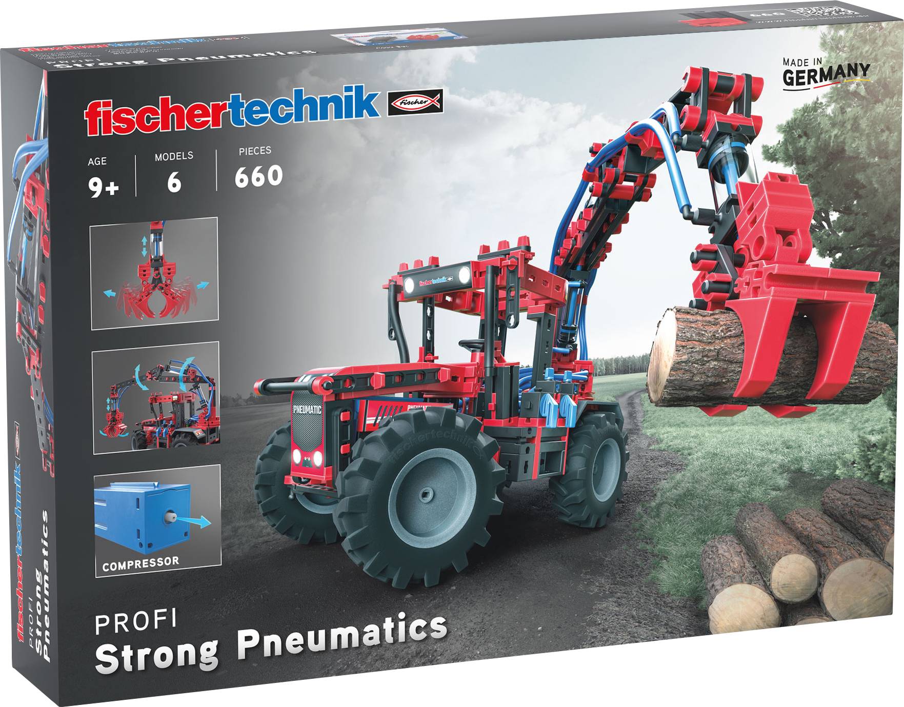 Lernspielzeug 'Strong Pneumatics' von fischertechnik für Kinder ab 9 Jahren. Enthält 660 Teile zum Bau eines Pneumatik-Traktors.