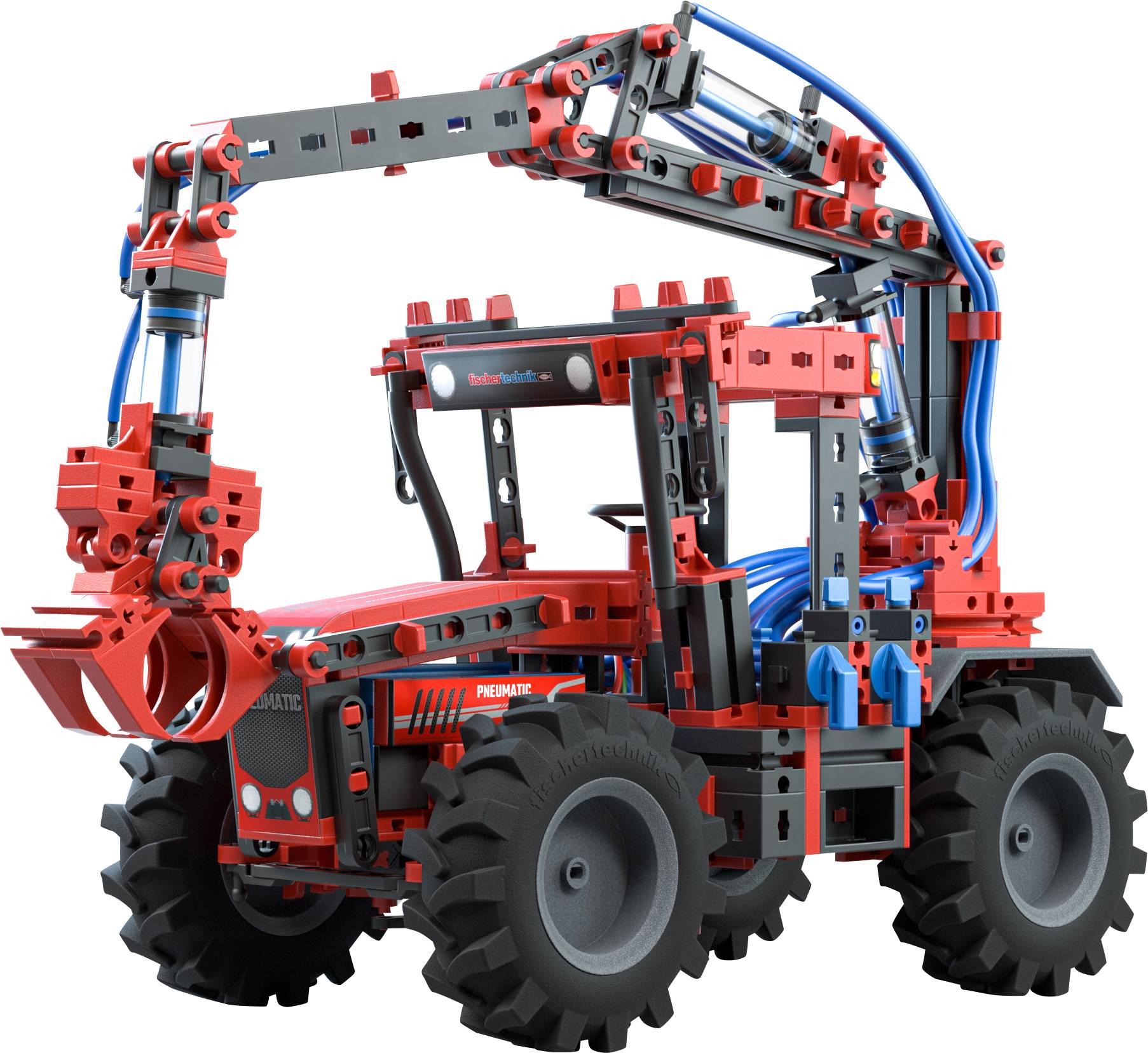 Ein detailliertes Modell eines roten Spielzeugtraktors mit beweglichem Greifarm und blauen Schläuchen, montiert aus Bauklötzen.