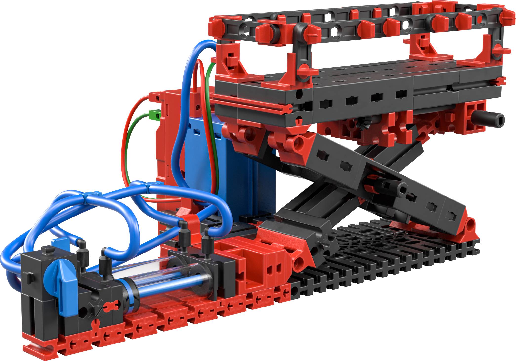 Modell eines hydraulischen Hebebühne-Bausatzes mit roten und schwarzen Bauteilen und blauen Schläuchen, ideal zur Veranschaulichung von Mechanik.