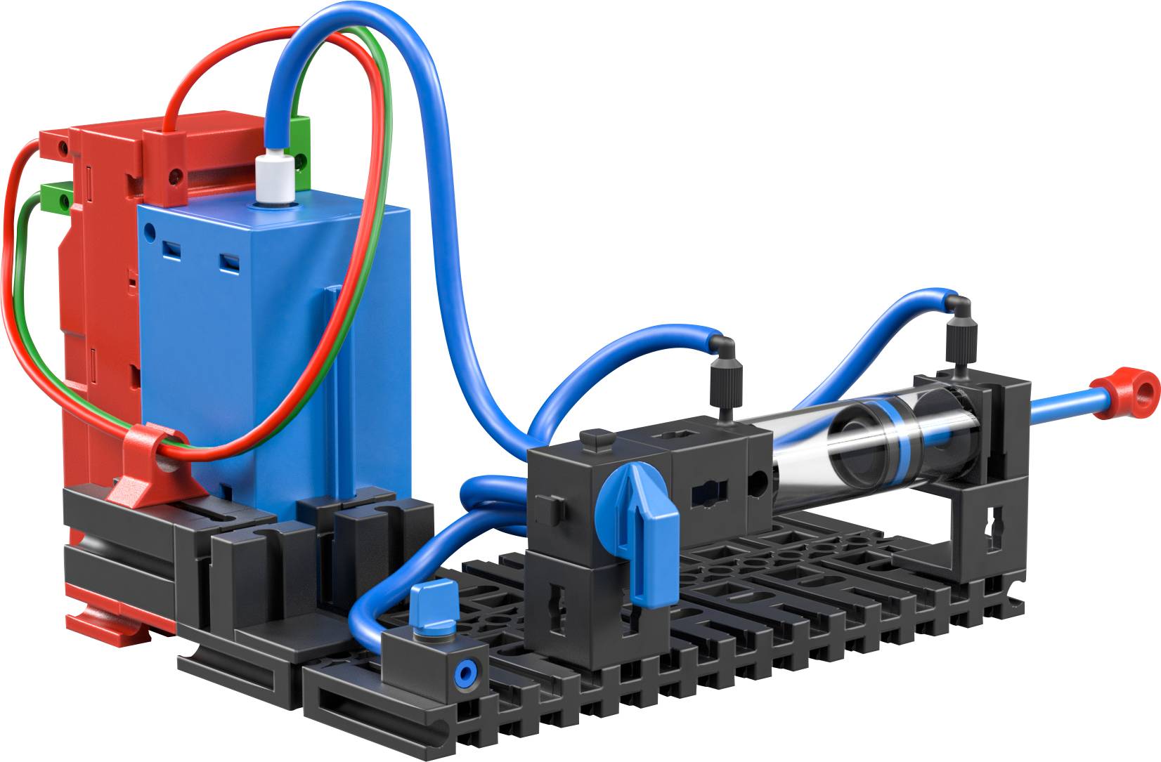 Modell eines pneumatischen Systems mit roten und blauen Komponenten, Schläuchen und einer schwarzen Basis, das Luftdruck demonstriert.