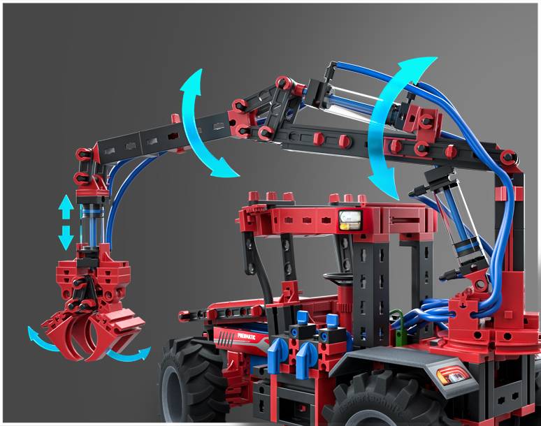 Ein roter, mechanischer Kran mit beweglichen Teilen zeigt mehrere Gelenke und Hydraulik, die in blauen Pfeilen angezeigt werden.