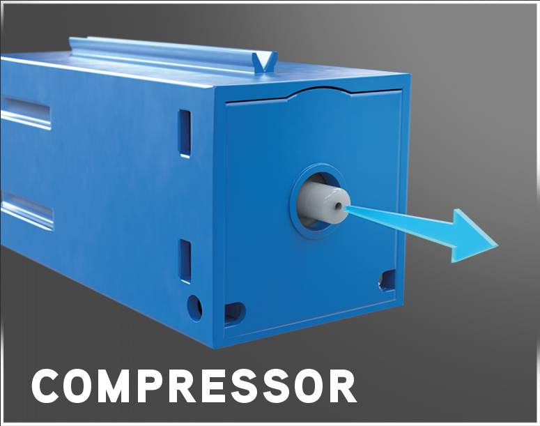 Blauer Kompressor mit Pfeil, der Luftstrom anzeigt. Grauer Hintergrund mit weißem Text 'Compressor'.