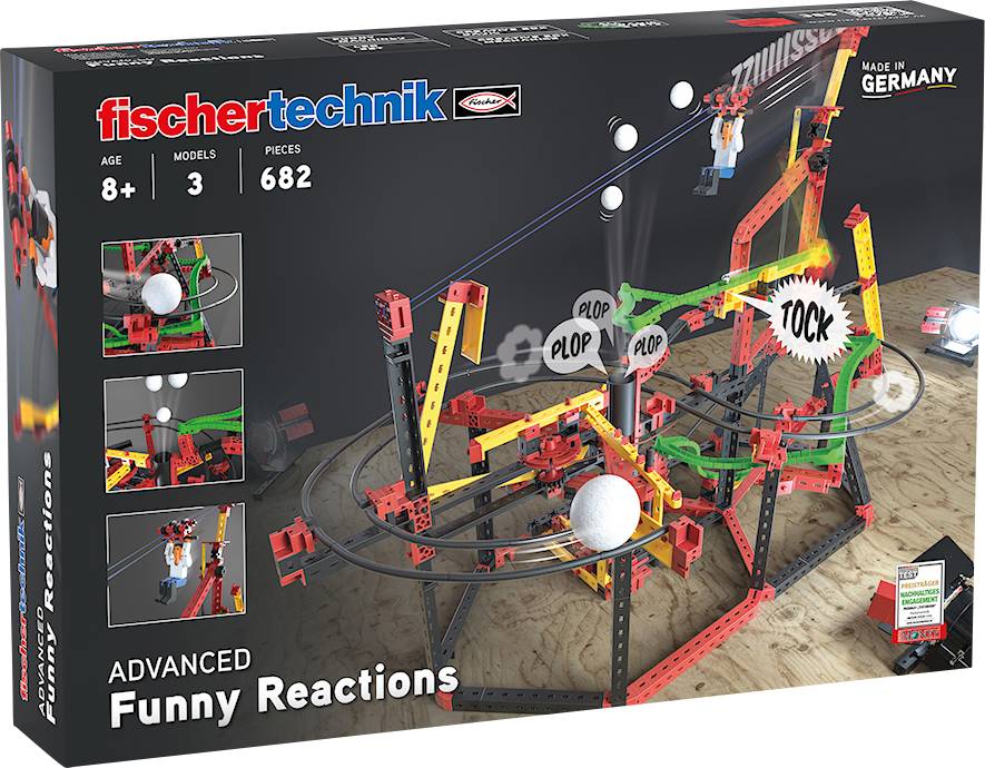 Baukasten von fischertechnik für 'Funny Reactions', Altersgruppe 8+, enthält 682 Teile. Enthält mechanische und kinetische Reaktionen.