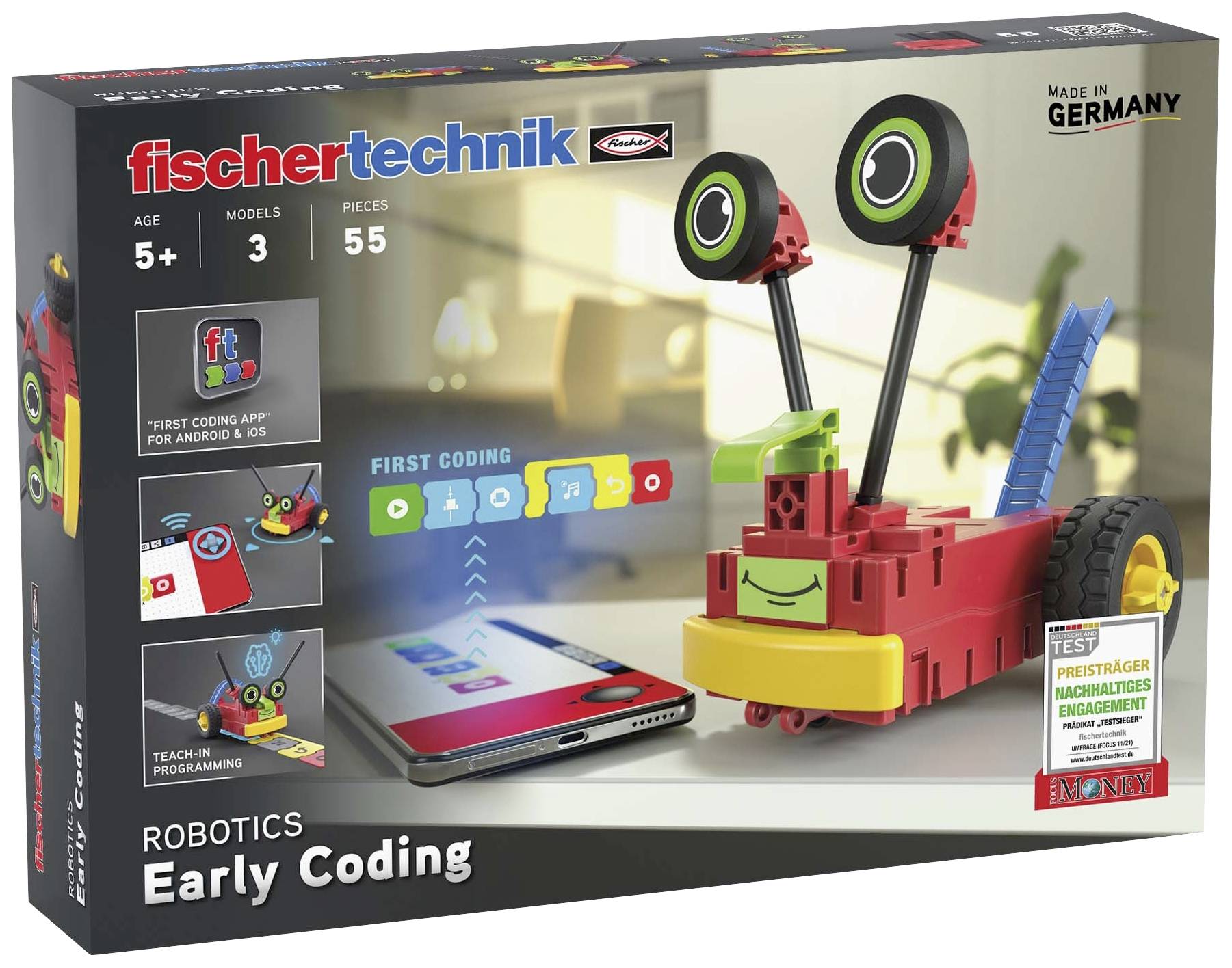 Roboter-Bausatz 'fischertechnik Early Coding', geeignet für Kinder ab 5 Jahren, 3 Modelle, 55 Teile, fördert erste Programmierkenntnisse.