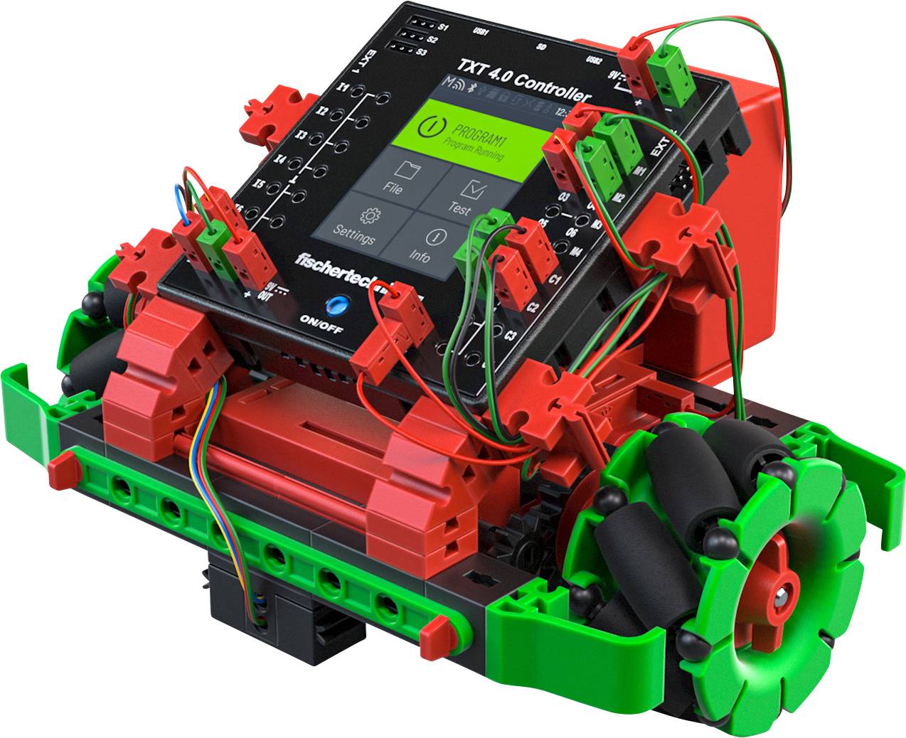 Roboterbausatz mit rotem und grünem Rahmen, ausgestattet mit einem 'TXT 4.0 Controller' für Programmierung und Steuerung.