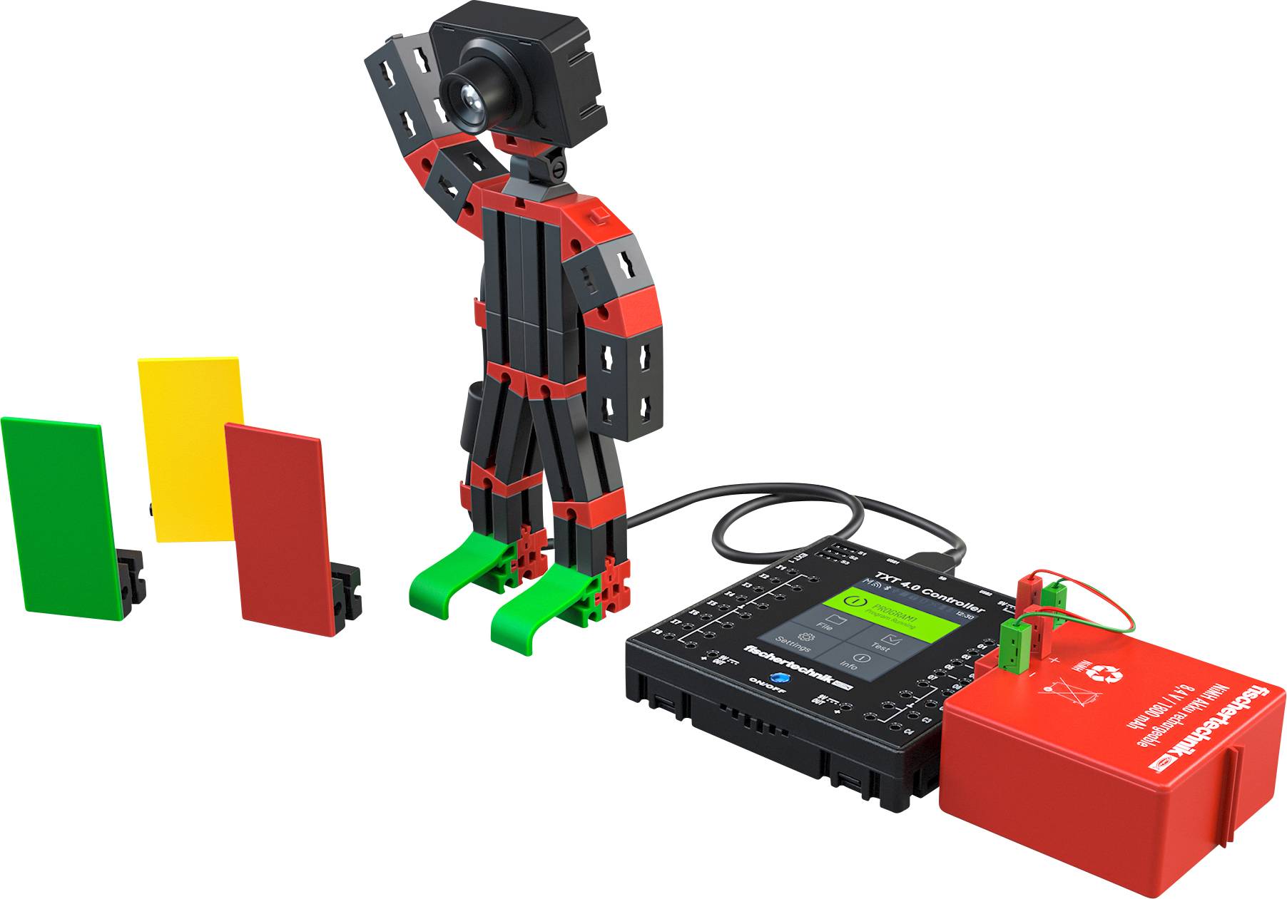 Ein Roboter mit Sensoren steht neben einem Steuergerät. Vor dem Roboter befinden sich farbige Karten.