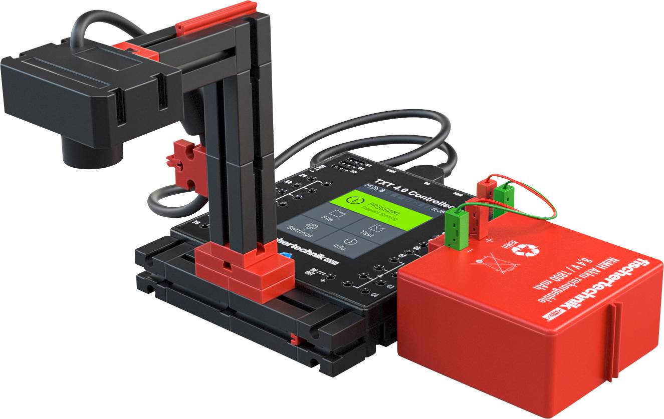 Robotik-Bausatz mit schwarzer Basis und rotem Arm, verbunden mit einem roten Akku. Geeignet für Bildungszwecke und Programmierung.