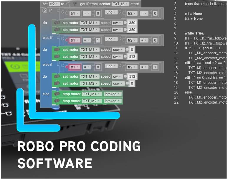 Programmcode in Blau und Grau auf dunklem Hintergrund zeigt Robo Pro Coding Software. Links unten ist ein Logo mit Text 'Robo Pro Coding Software'.