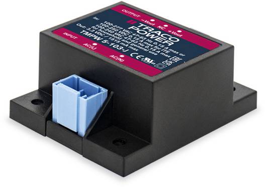 AC-DC-Netzteil, schwarzes Kunststoffgehäuse mit blauem Anschlussstecker. Eignet sich für industrielle Anwendungen.